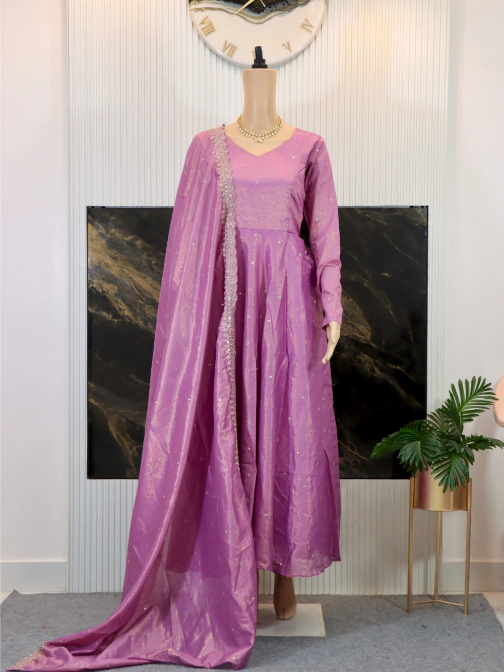 Exclusive Banarasi Tissue Silk Gown with Embroidery and Sequence Work (Sizes M to XXL) - By Swaya World