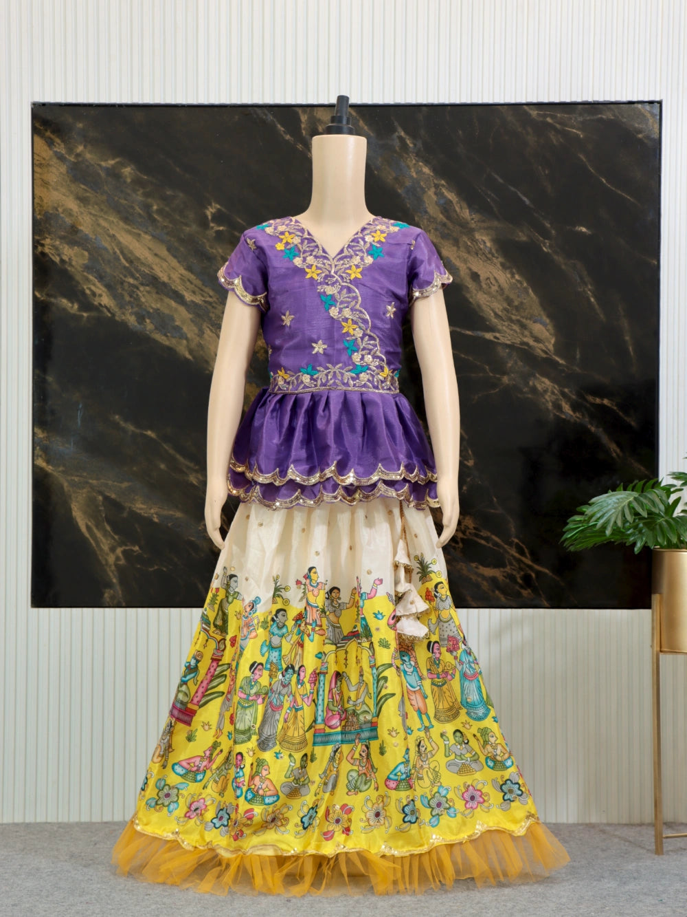 Trending Kalamkari Printed & Embroidered Work Stitched Kids Lehenga-Blouse with 4 Colours (Sizes 2 to 15 Years) - By Swaya World