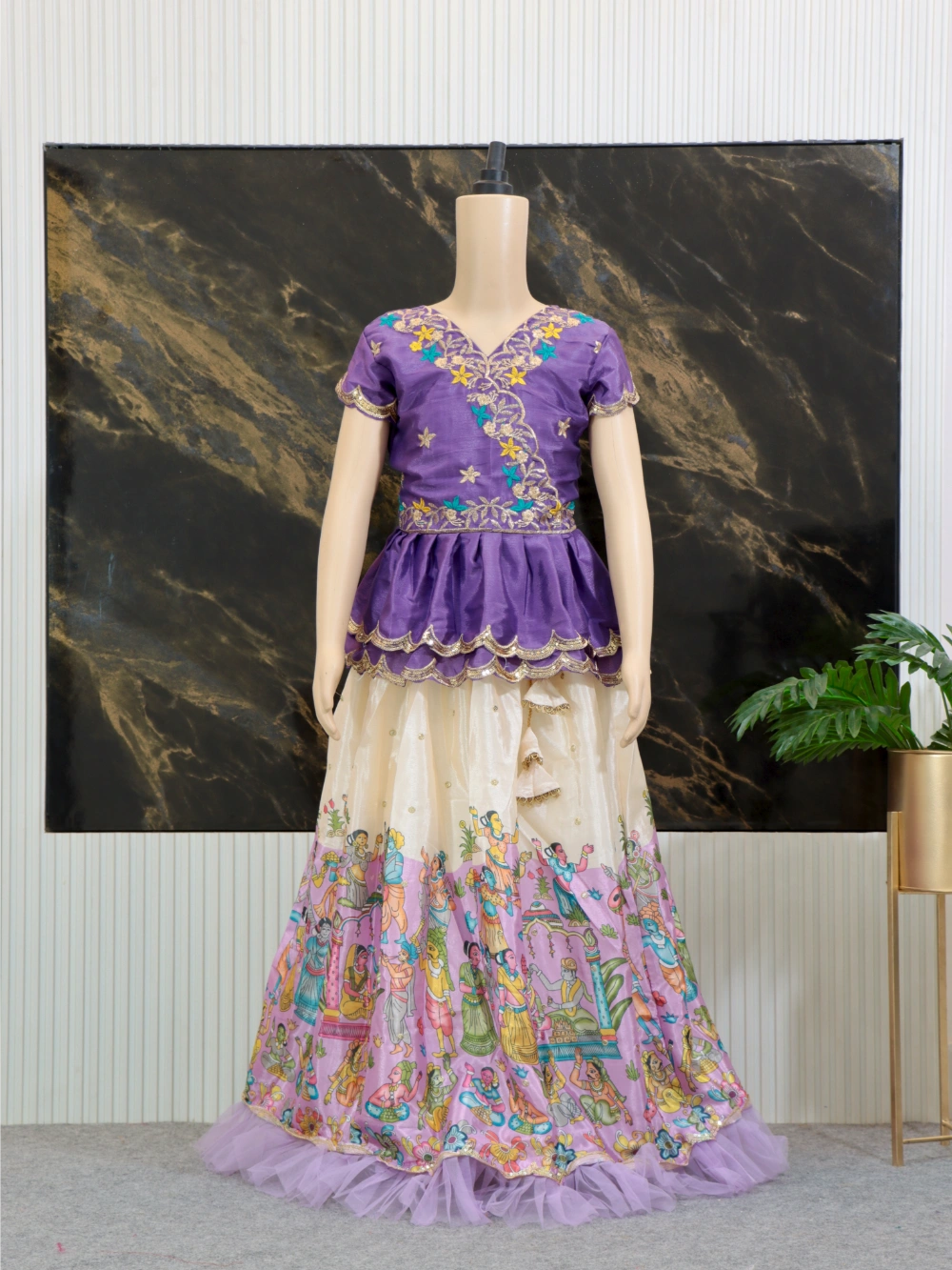 Trending Kalamkari Printed & Embroidered Work Stitched Kids Lehenga-Blouse with 4 Colours (Sizes 2 to 15 Years) - By Swaya World