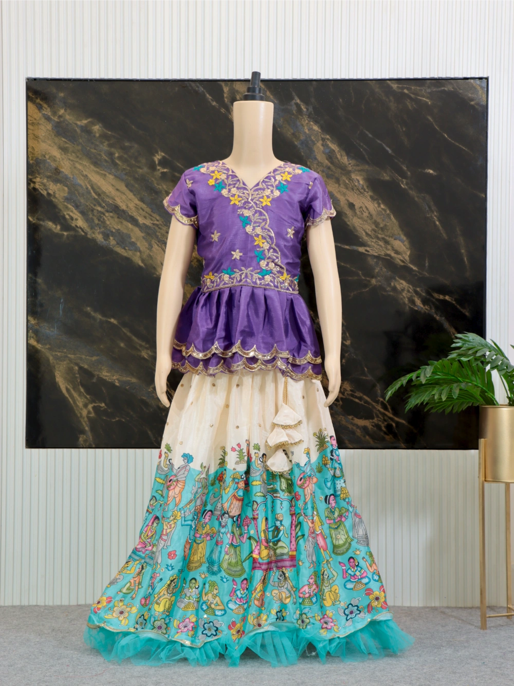 Trending Kalamkari Printed & Embroidered Work Stitched Kids Lehenga-Blouse with 4 Colours (Sizes 2 to 15 Years) - By Swaya World