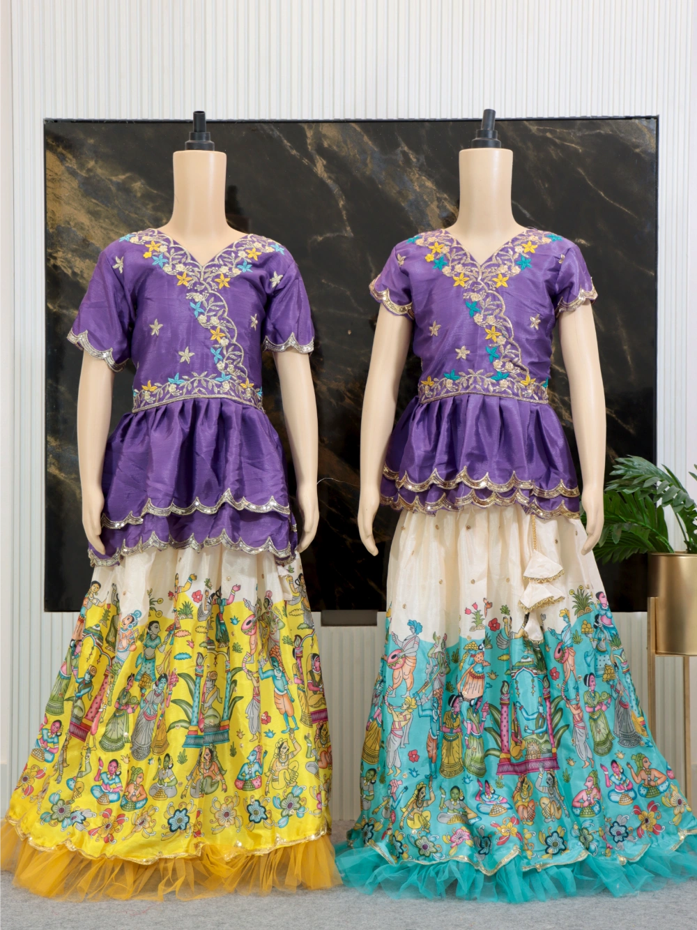 Trending Kalamkari Printed & Embroidered Work Stitched Kids Lehenga-Blouse with 4 Colours (Sizes 2 to 15 Years) - By Swaya World