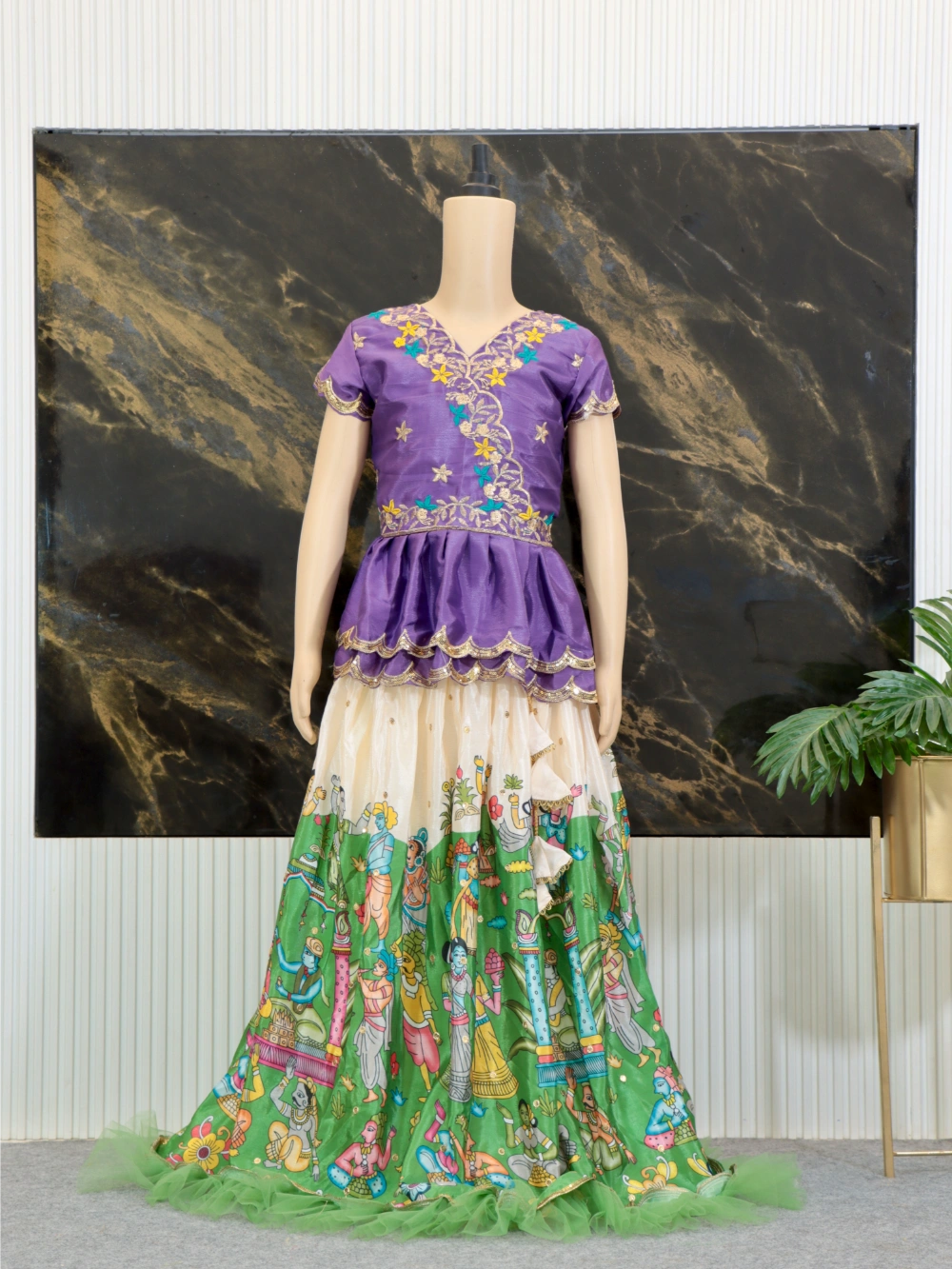 Trending Kalamkari Printed & Embroidered Work Stitched Kids Lehenga-Blouse with 4 Colours (Sizes 2 to 15 Years) - By Swaya World