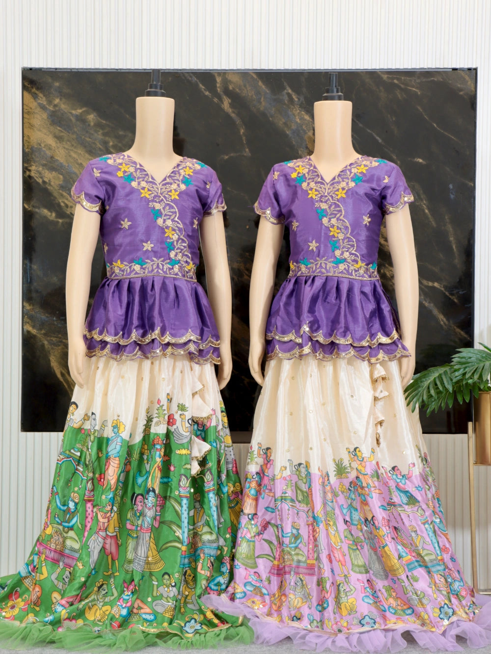 Trending Kalamkari Printed & Embroidered Work Stitched Kids Lehenga-Blouse with 4 Colours (Sizes 2 to 15 Years) - By Swaya World