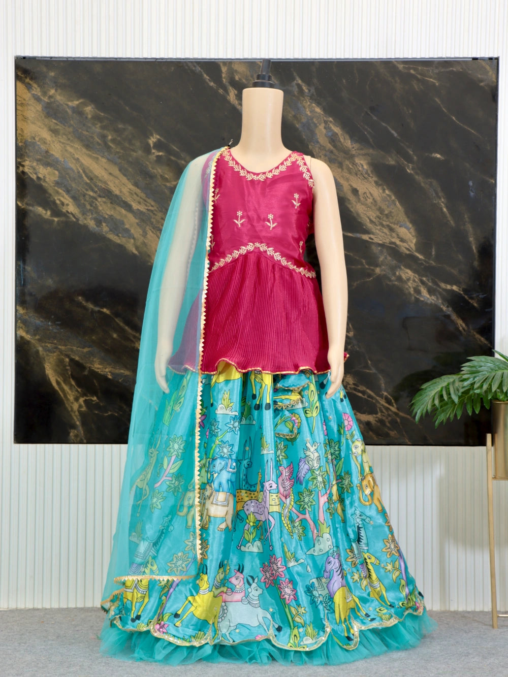 Trending Kalamkari Printed & Embroidered Work Stitched Kids Lehenga-Blouse-Dupatta Set (Sizes 2 to 15 Years) - By Swaya World