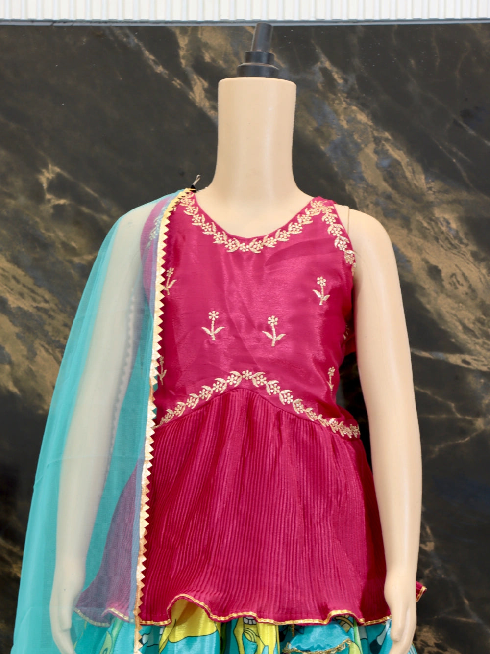 Trending Kalamkari Printed & Embroidered Work Stitched Kids Lehenga-Blouse-Dupatta Set (Sizes 2 to 15 Years) - By Swaya World