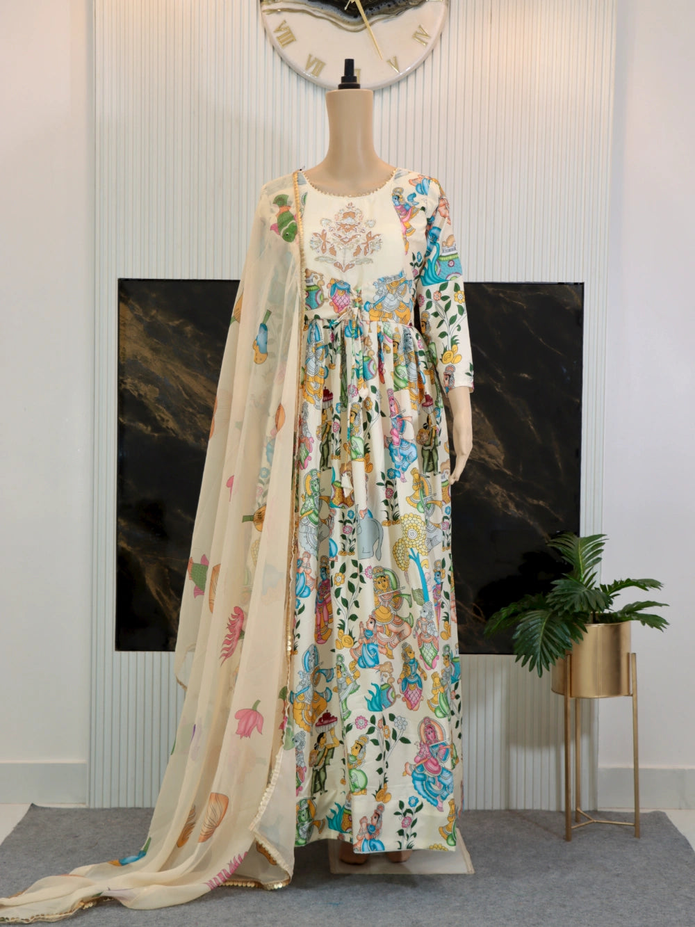 Kalamkari Gown with Real Handwork and Kalamkari Print Dupatta - By Swaya World