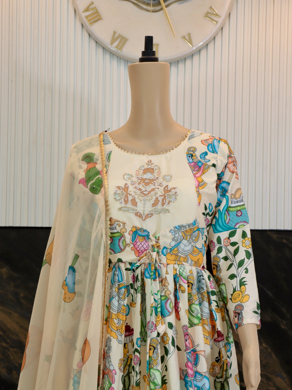 Kalamkari Gown with Real Handwork and Kalamkari Print Dupatta - By Swaya World