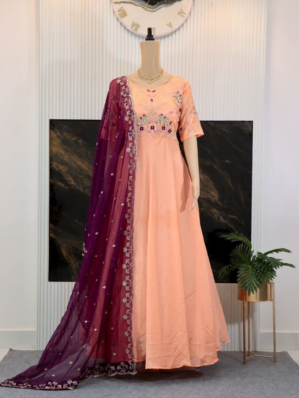 Embroidered Orange Gown with Heavy Sequence Work and Voilet Twill Net Dupatta - By Swaya World