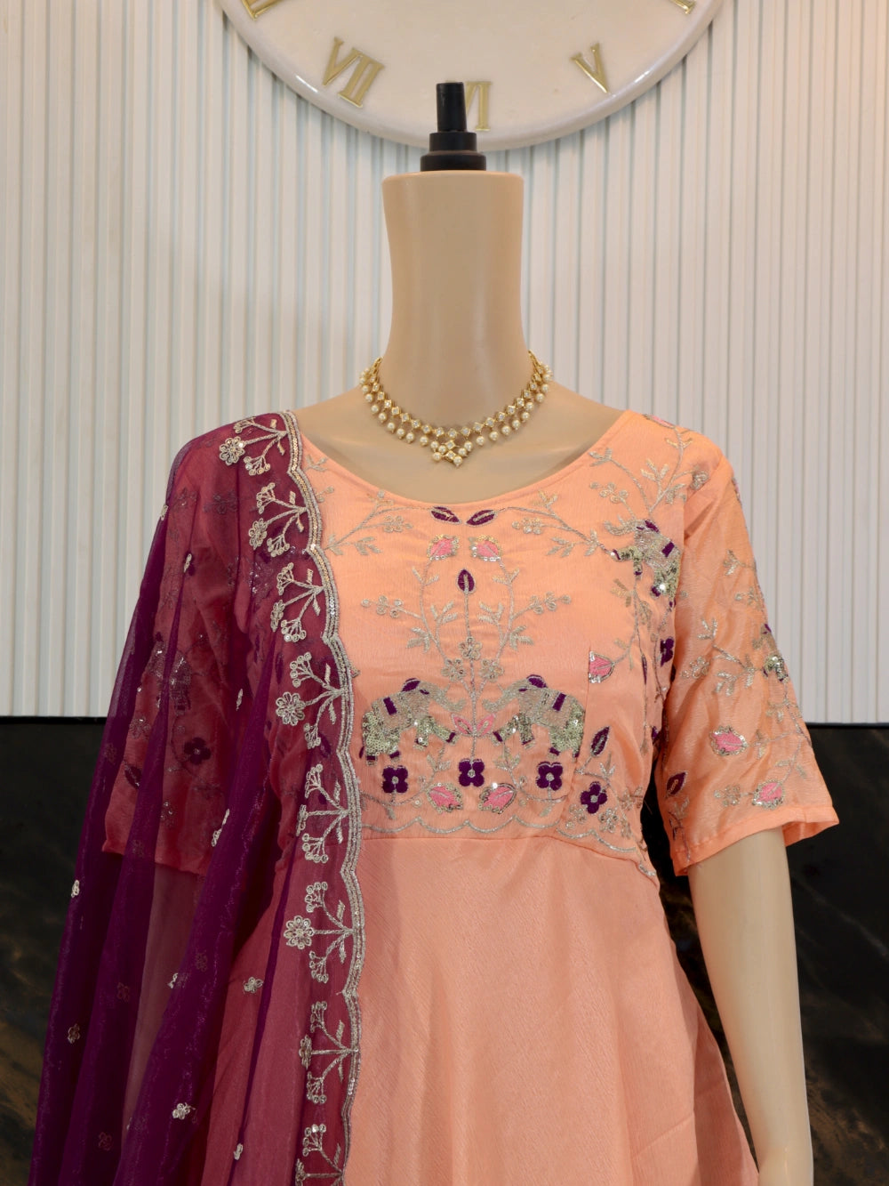 Embroidered Orange Gown with Heavy Sequence Work and Voilet Twill Net Dupatta - By Swaya World