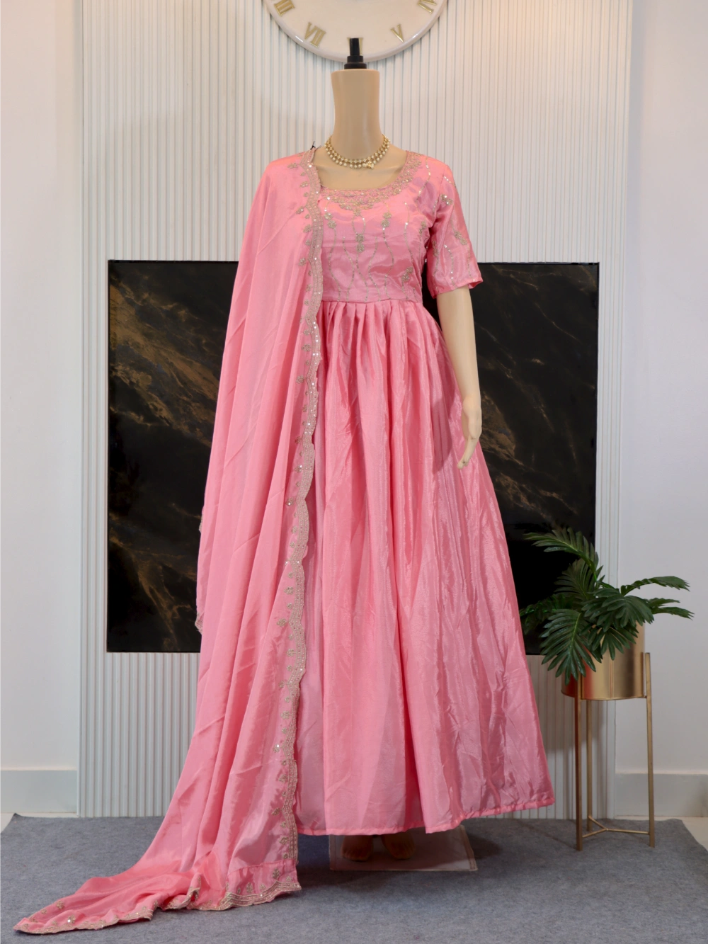 Light Pink Embroidered Gown with Heavy Sequence Work and Thread Work Dupatta - By Swaya World