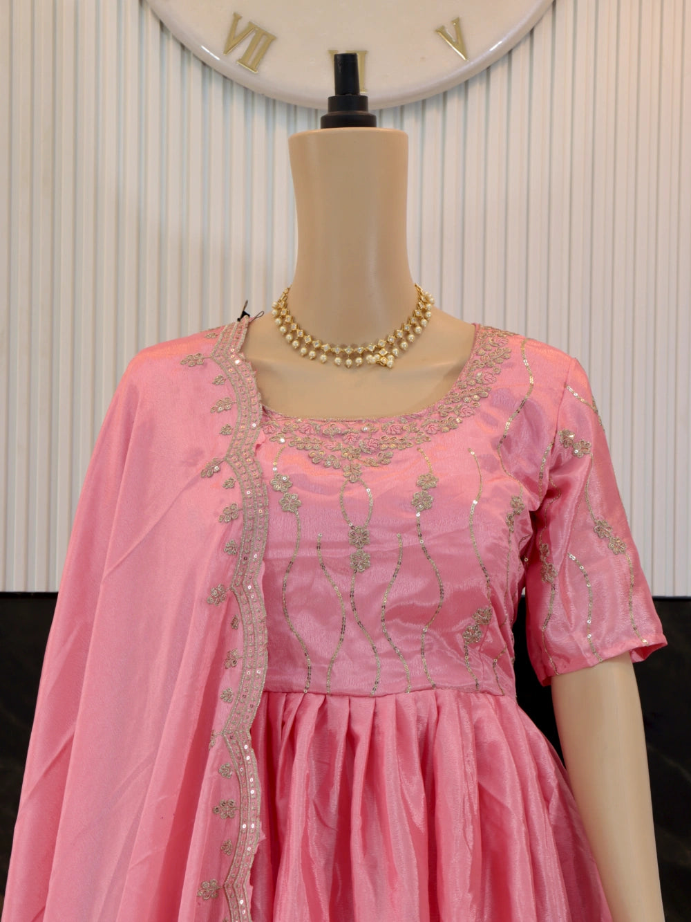 Light Pink Embroidered Gown with Heavy Sequence Work and Thread Work Dupatta - By Swaya World