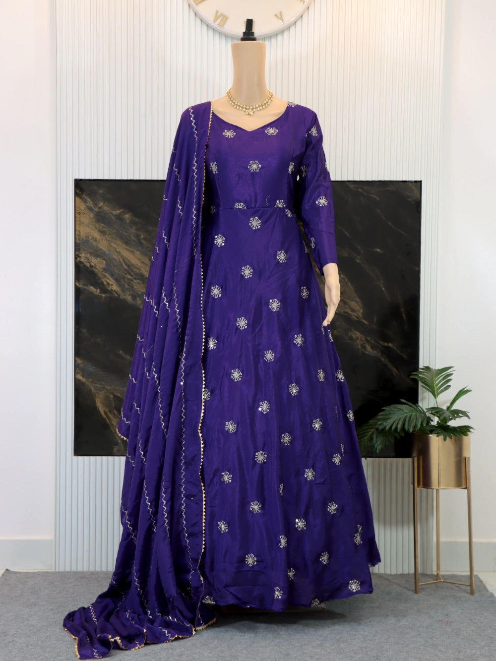 Embroidered Gown with Heavy Sequence Work and Chinon Dupatta in Magenta and Violet - By Swaya World