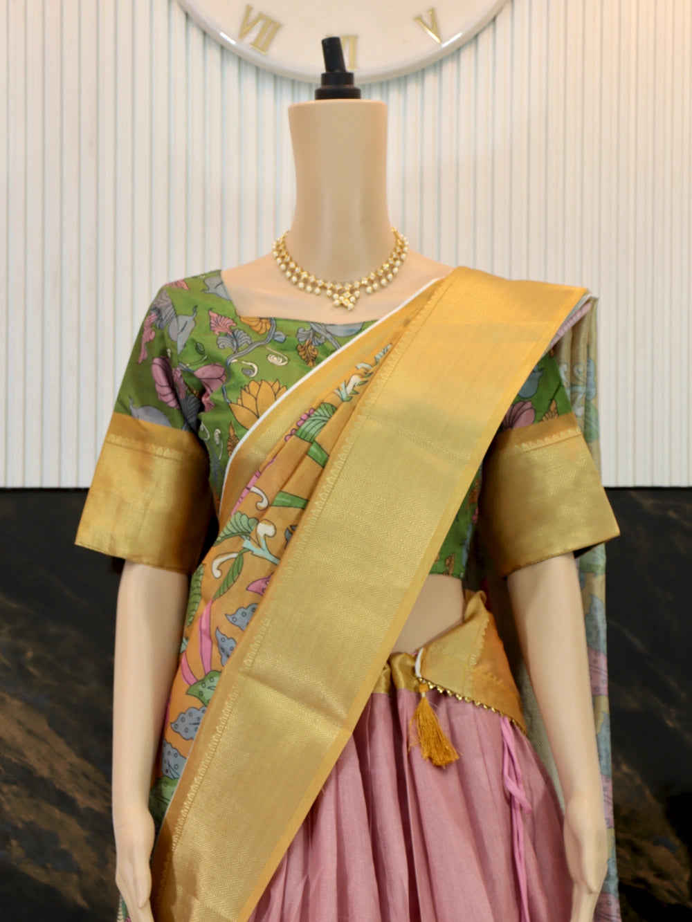 Trending Dola Silk Lehenga Choli with Kalamkari Print and Designer Blouse in Yellow, Green, Pink, and Cream - By Swaya World
