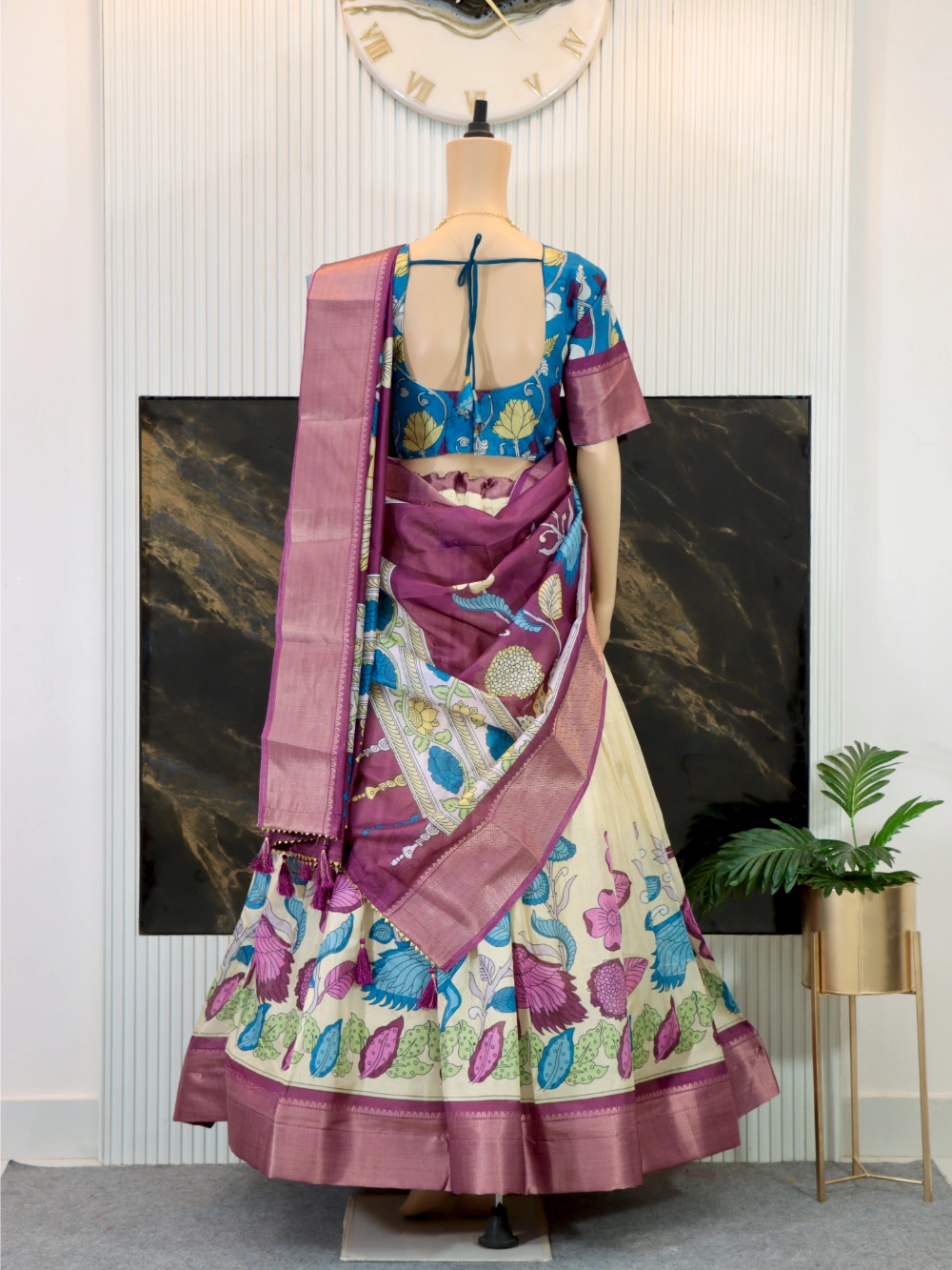 Trending Dola Silk Lehenga Choli with Kalamkari Print and Designer Blouse in Yellow, Green, Pink, and Cream - By Swaya World