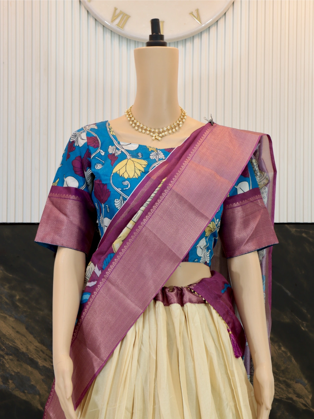 Trending Dola Silk Lehenga Choli with Kalamkari Print and Designer Blouse in Yellow, Green, Pink, and Cream - By Swaya World