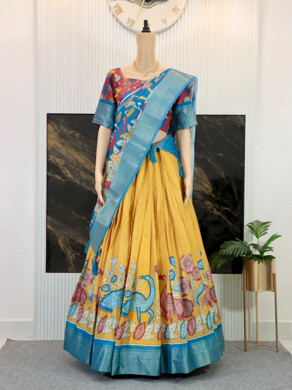 Trending Dola Silk Lehenga Choli with Kalamkari Print and Designer Blouse in Yellow, Green, Pink, and Cream - By Swaya World