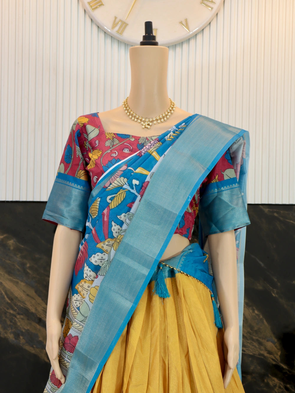 Trending Dola Silk Lehenga Choli with Kalamkari Print and Designer Blouse in Yellow, Green, Pink, and Cream - By Swaya World