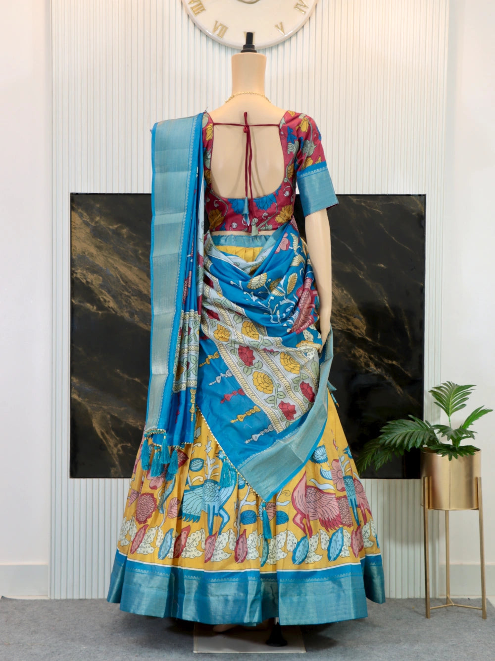 Trending Dola Silk Lehenga Choli with Kalamkari Print and Designer Blouse in Yellow, Green, Pink, and Cream - By Swaya World