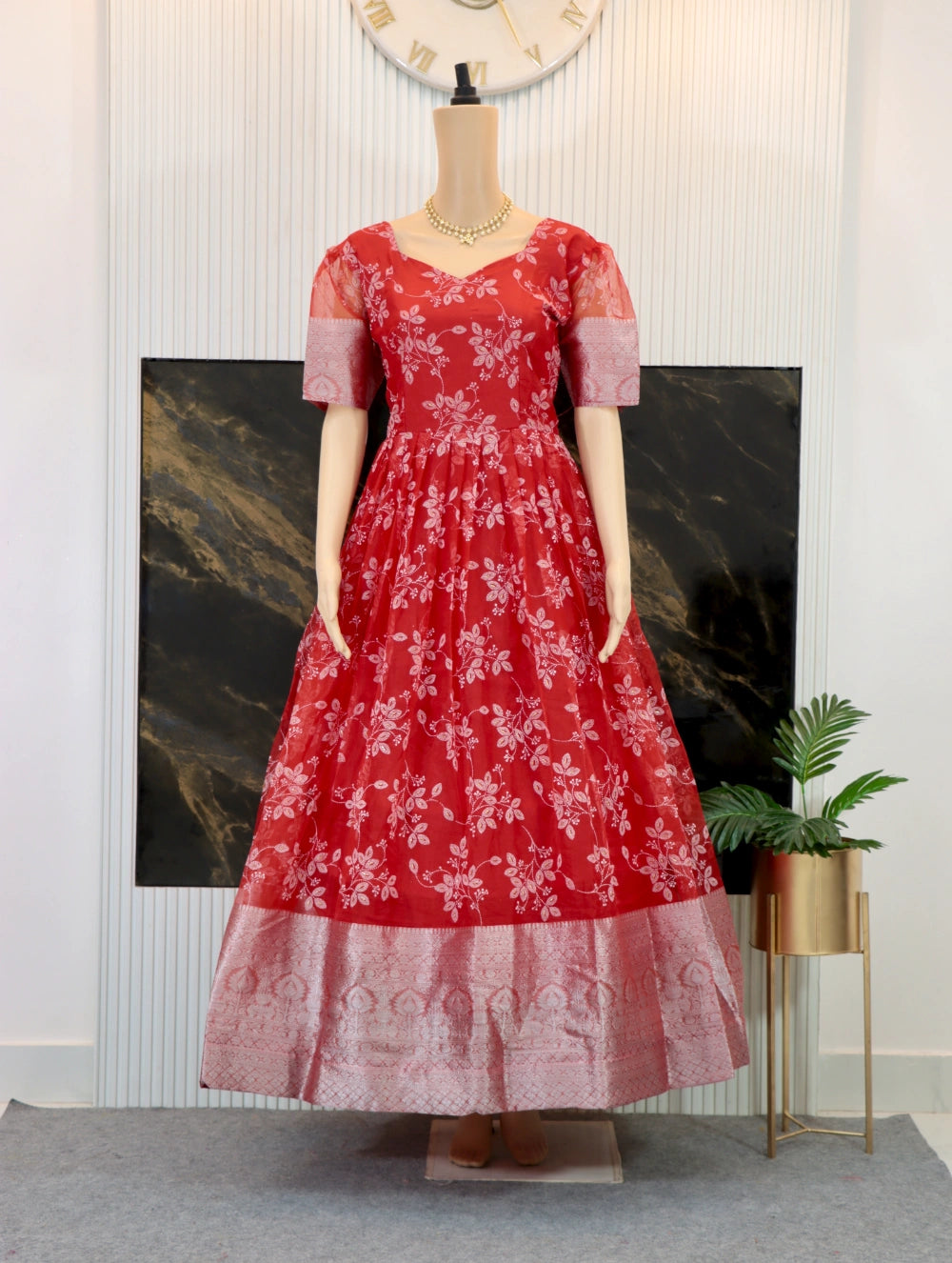 Trending Full Stitched Organza Gown with Full Flair in Red, Yellow, and Cyan - By Swaya World