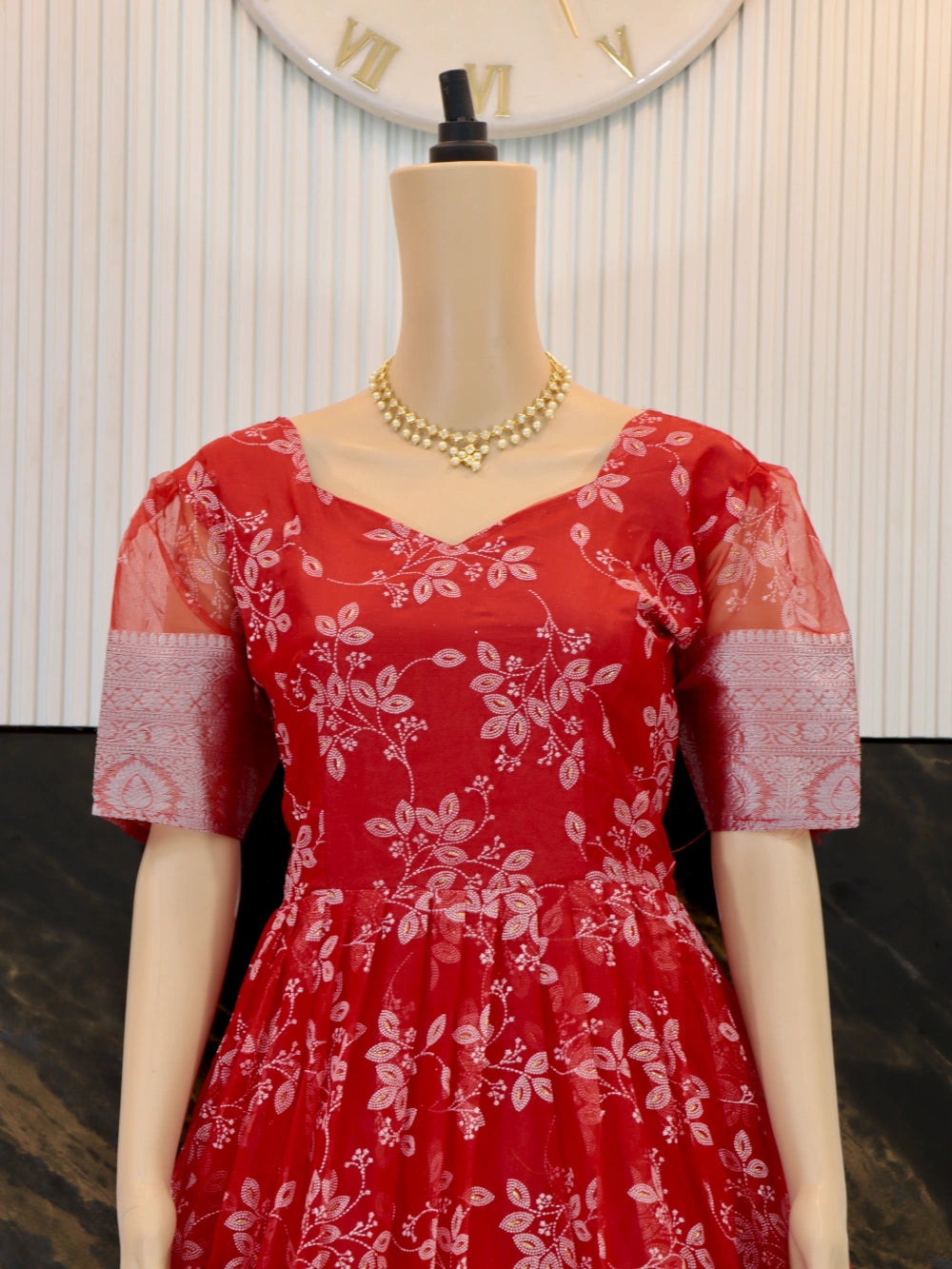 Trending Full Stitched Organza Gown with Full Flair in Red, Yellow, and Cyan - By Swaya World