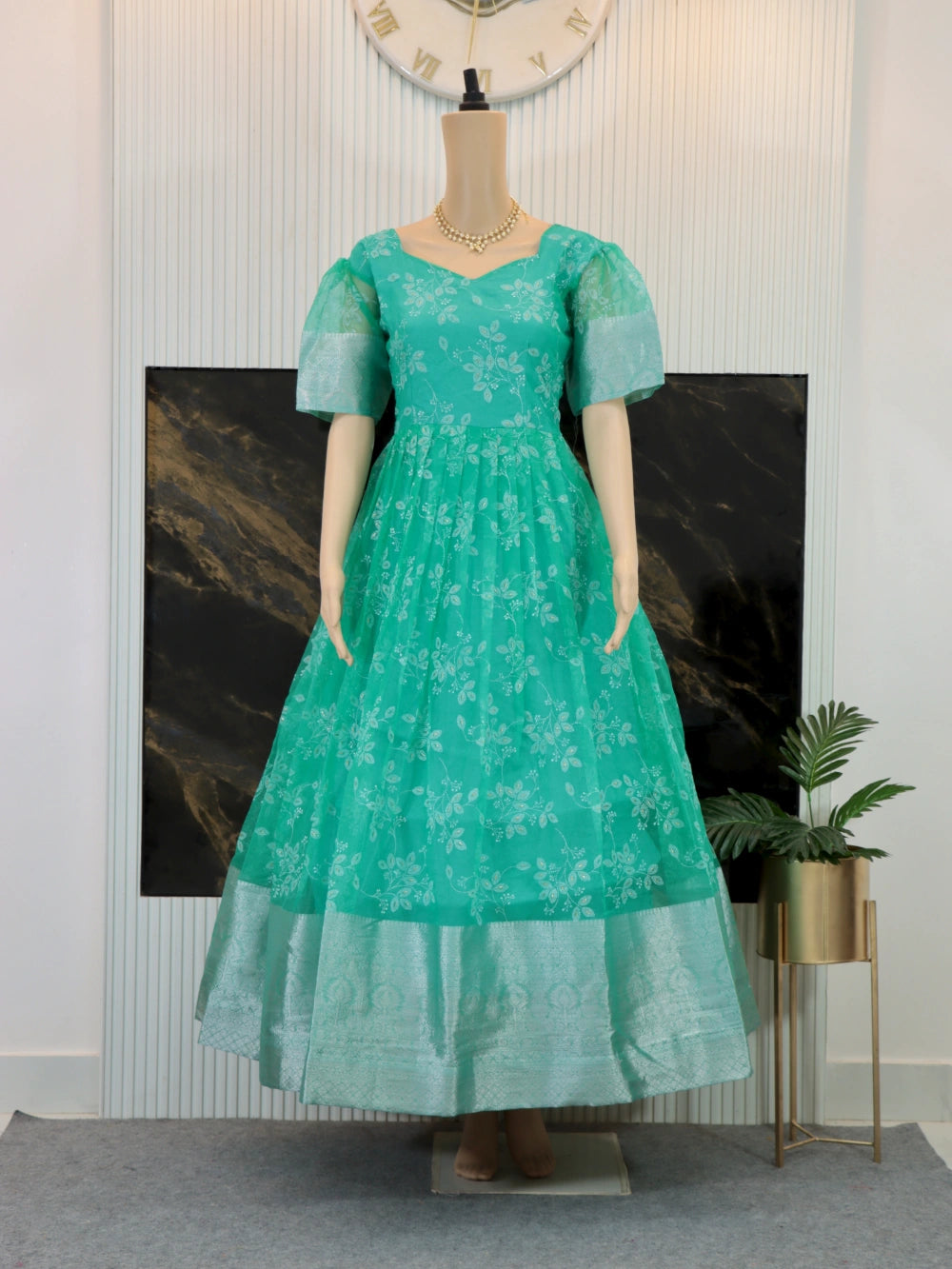 Trending Full Stitched Organza Gown with Full Flair in Red, Yellow, and Cyan - By Swaya World