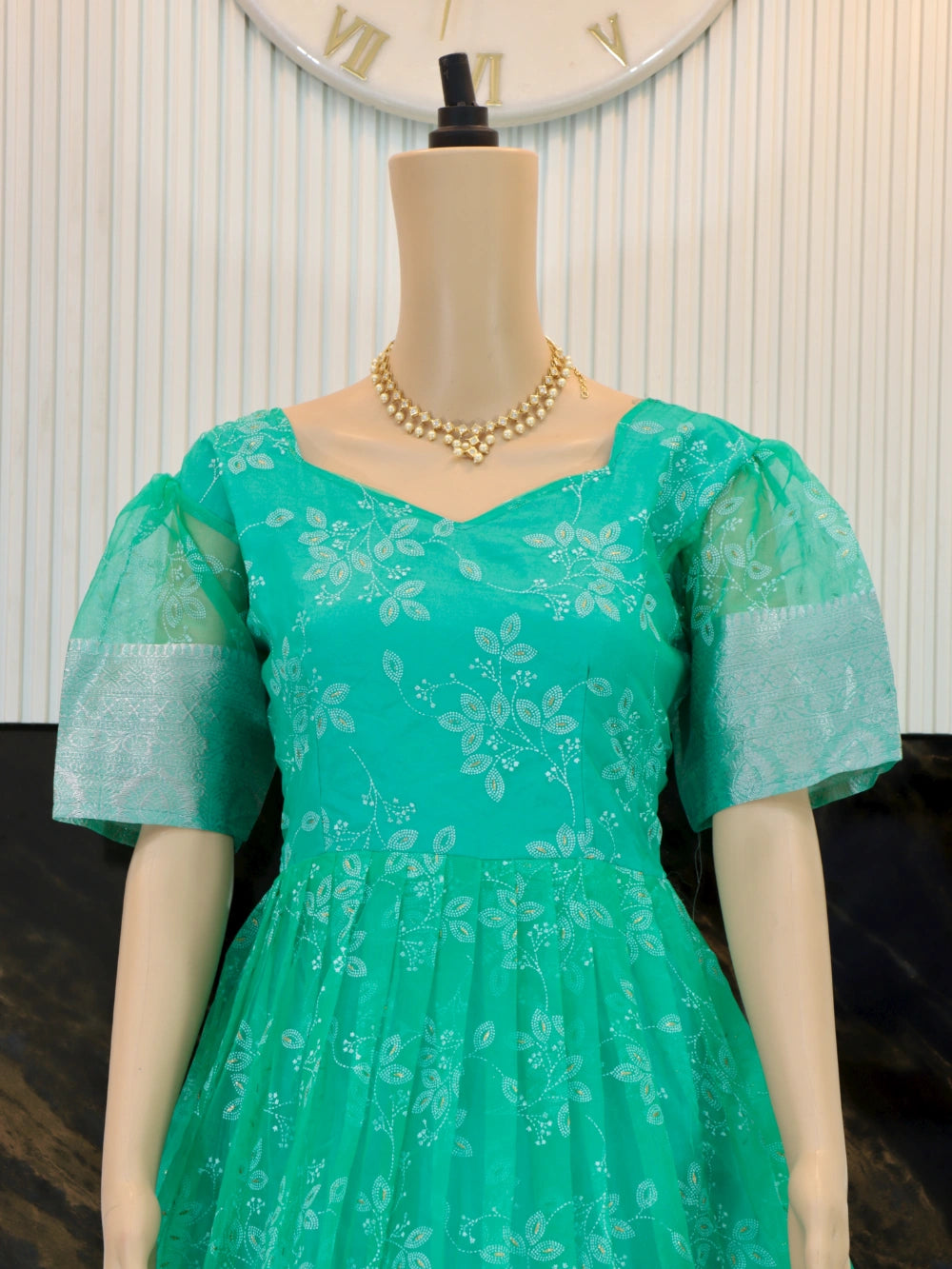 Trending Full Stitched Organza Gown with Full Flair in Red, Yellow, and Cyan - By Swaya World