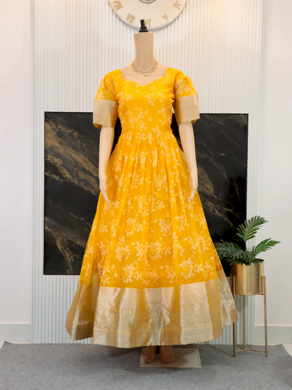 Trending Full Stitched Organza Gown with Full Flair in Red, Yellow, and Cyan - By Swaya World