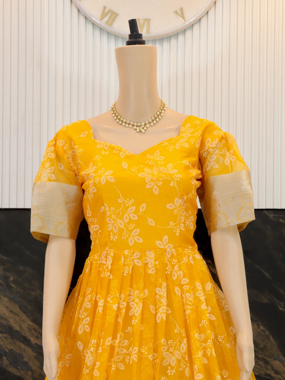 Trending Full Stitched Organza Gown with Full Flair in Red, Yellow, and Cyan - By Swaya World