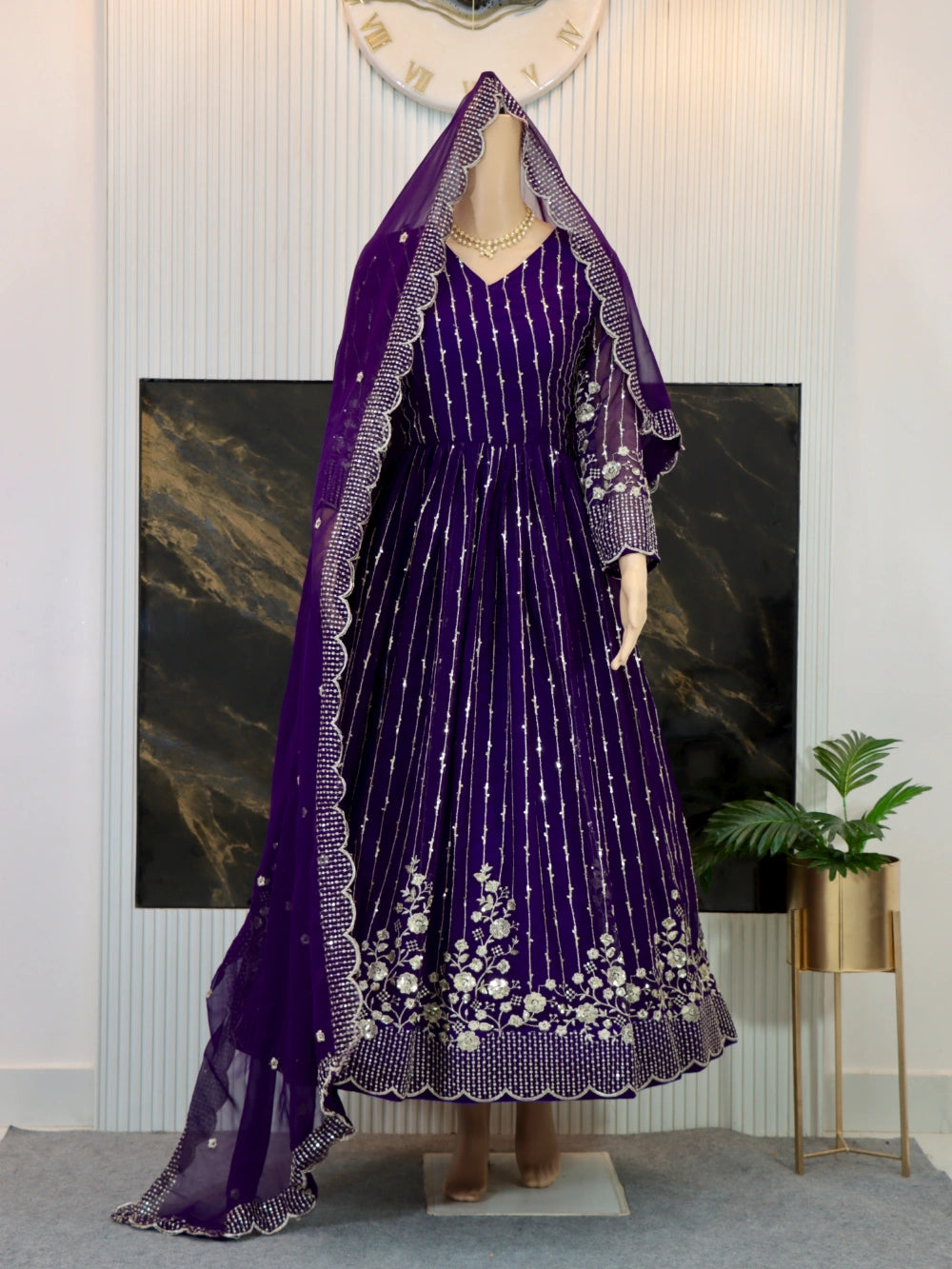 New Festival Long Gown & Dupatta with Heavy Sequence Embroidery in Fox Georgette (Red, Violet) - By Swaya World