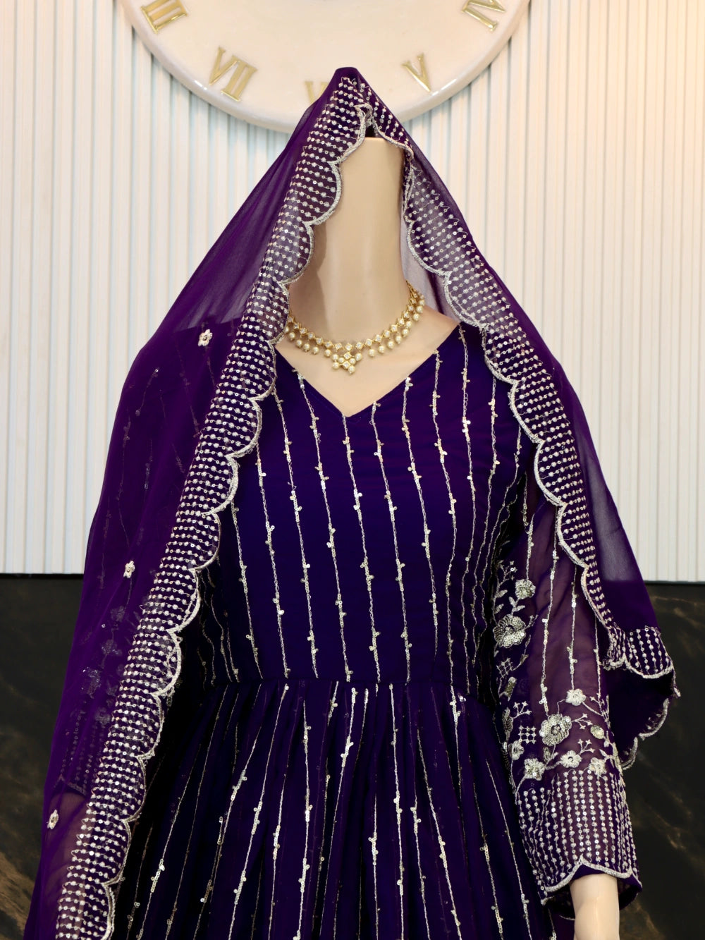 New Festival Long Gown & Dupatta with Heavy Sequence Embroidery in Fox Georgette (Red, Violet) - By Swaya World