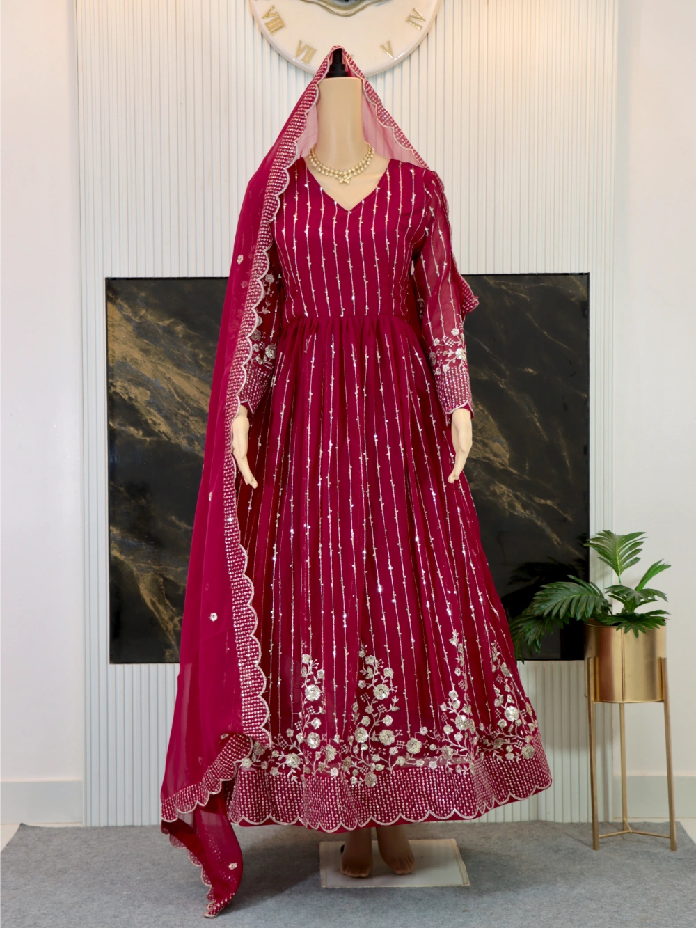 New Festival Long Gown & Dupatta with Heavy Sequence Embroidery in Fox Georgette (Red, Violet) - By Swaya World
