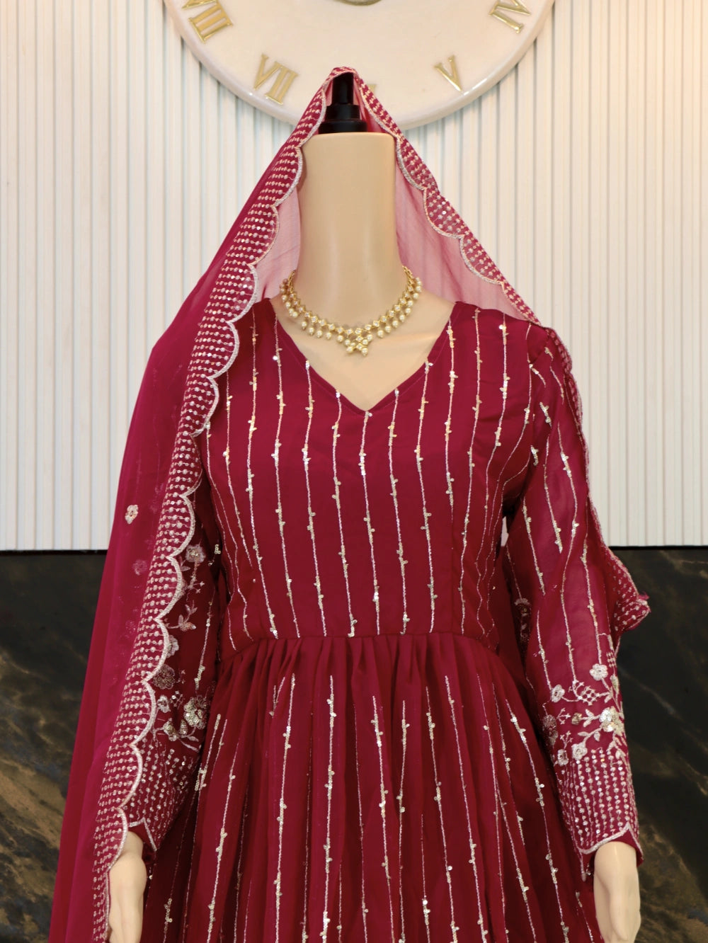 New Festival Long Gown & Dupatta with Heavy Sequence Embroidery in Fox Georgette (Red, Violet) - By Swaya World