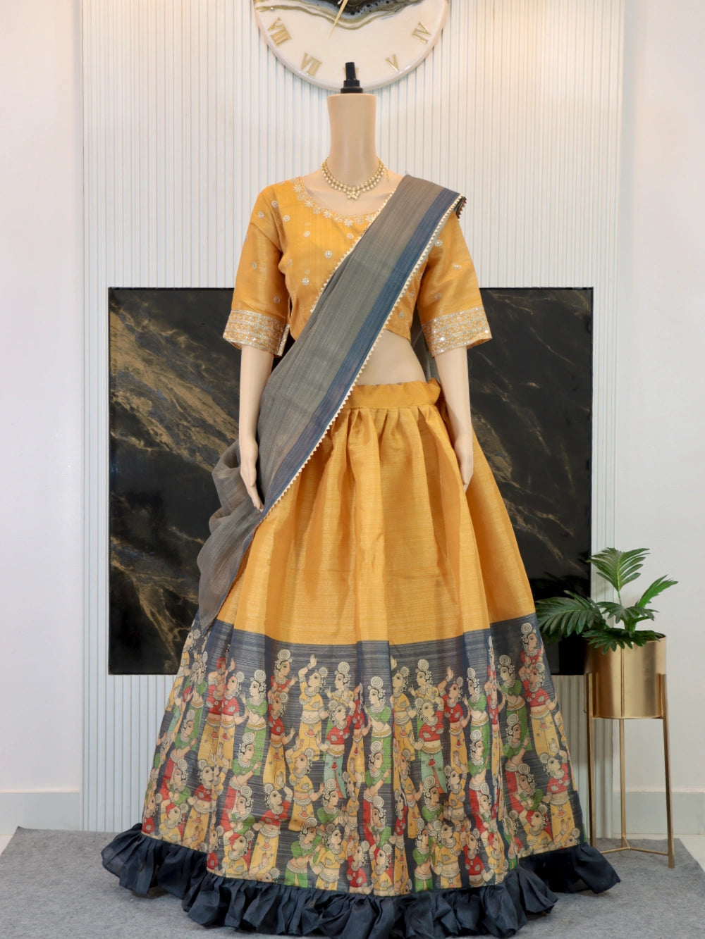 Kalamkari Lehenga Choli with Embroidery Work and Tissue Jari Dupatta - By Swaya World