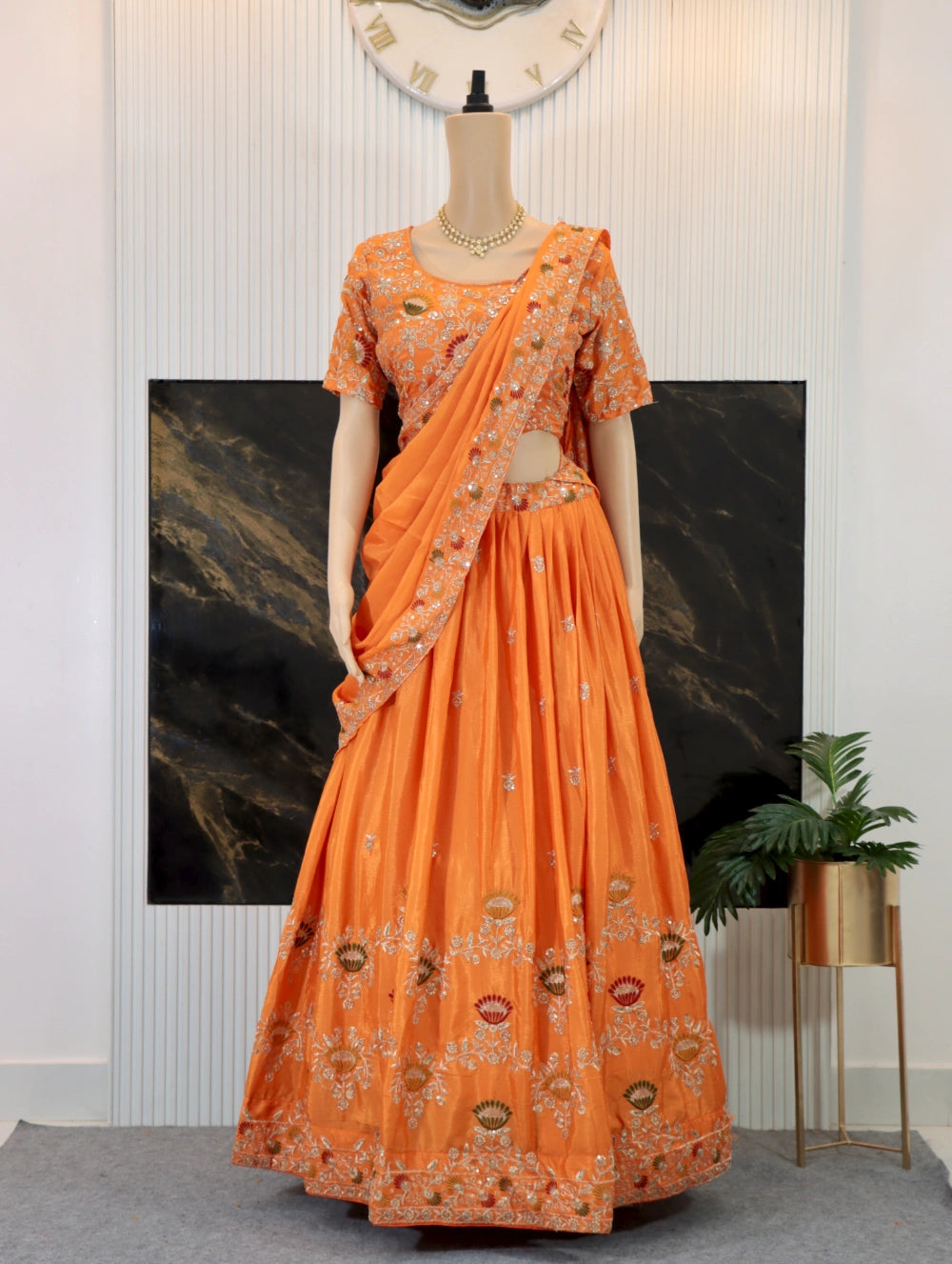 New Festival Orange Lehenga Choli with Embroidery Thread & Sequence Work in Chinon - By Swaya World