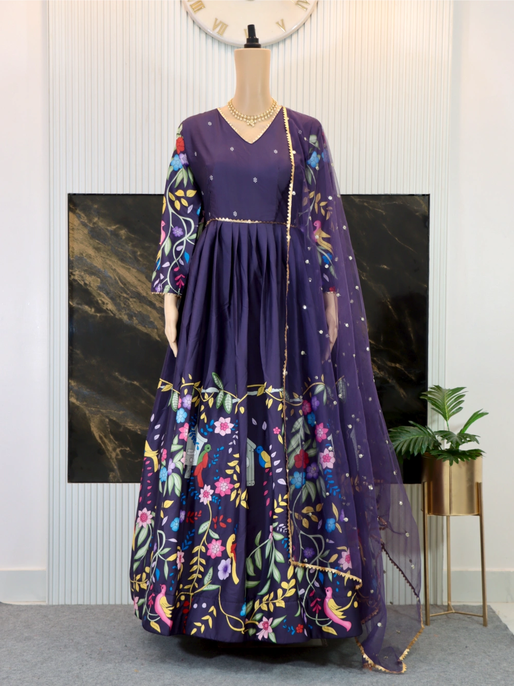 New Festival Violet Mother-Daughter Combo: Kalamkari Print Gown with Net Dupatta - By Swaya World