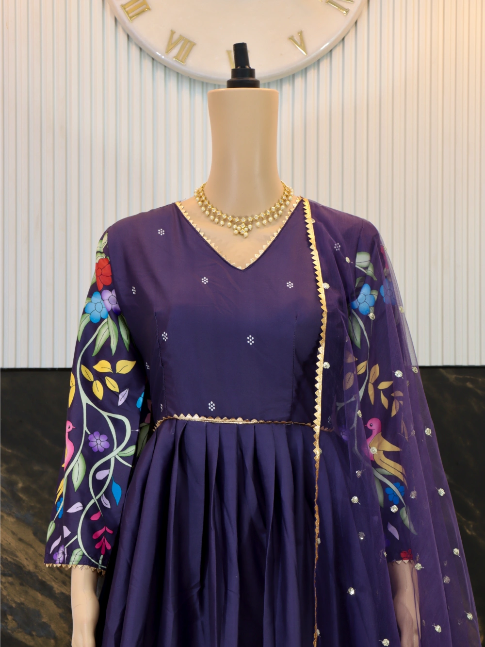 New Festival Violet Mother-Daughter Combo: Kalamkari Print Gown with Net Dupatta - By Swaya World