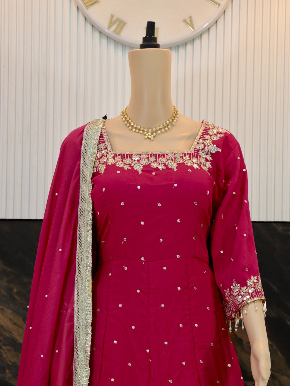 New Party Wear Look Pure Vichitra Silk Anarkali Gown, Dupatta & Pant Palazzo Set - By Swaya World