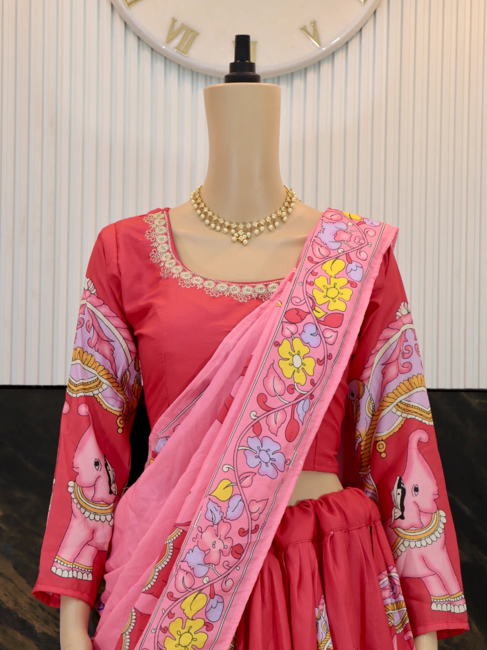 Pink Kalamkari Lehenga Choli with Cotton Fabric and Kalamkari Print - By Swaya World