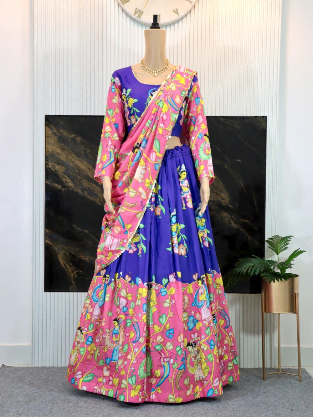 Violet-Pink Combo Kalamkari Lehenga Choli with Cotton Fabric, Embroidered Dupatta - By Swaya World