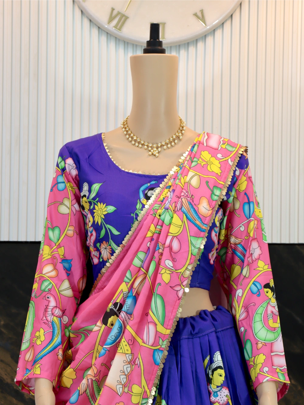 Violet-Pink Combo Kalamkari Lehenga Choli with Cotton Fabric, Embroidered Dupatta - By Swaya World
