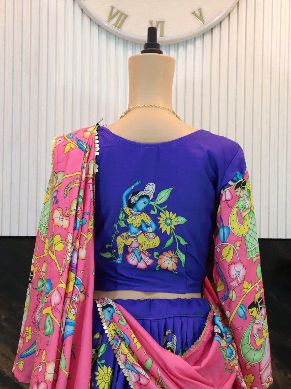 Violet-Pink Combo Kalamkari Lehenga Choli with Cotton Fabric, Embroidered Dupatta - By Swaya World