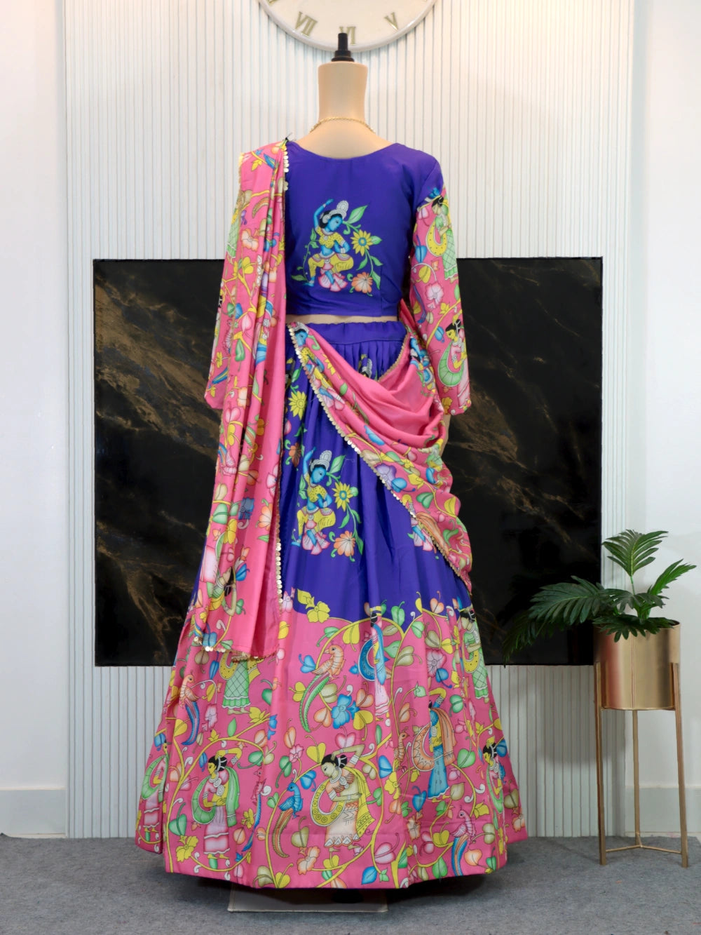 Violet-Pink Combo Kalamkari Lehenga Choli with Cotton Fabric, Embroidered Dupatta - By Swaya World