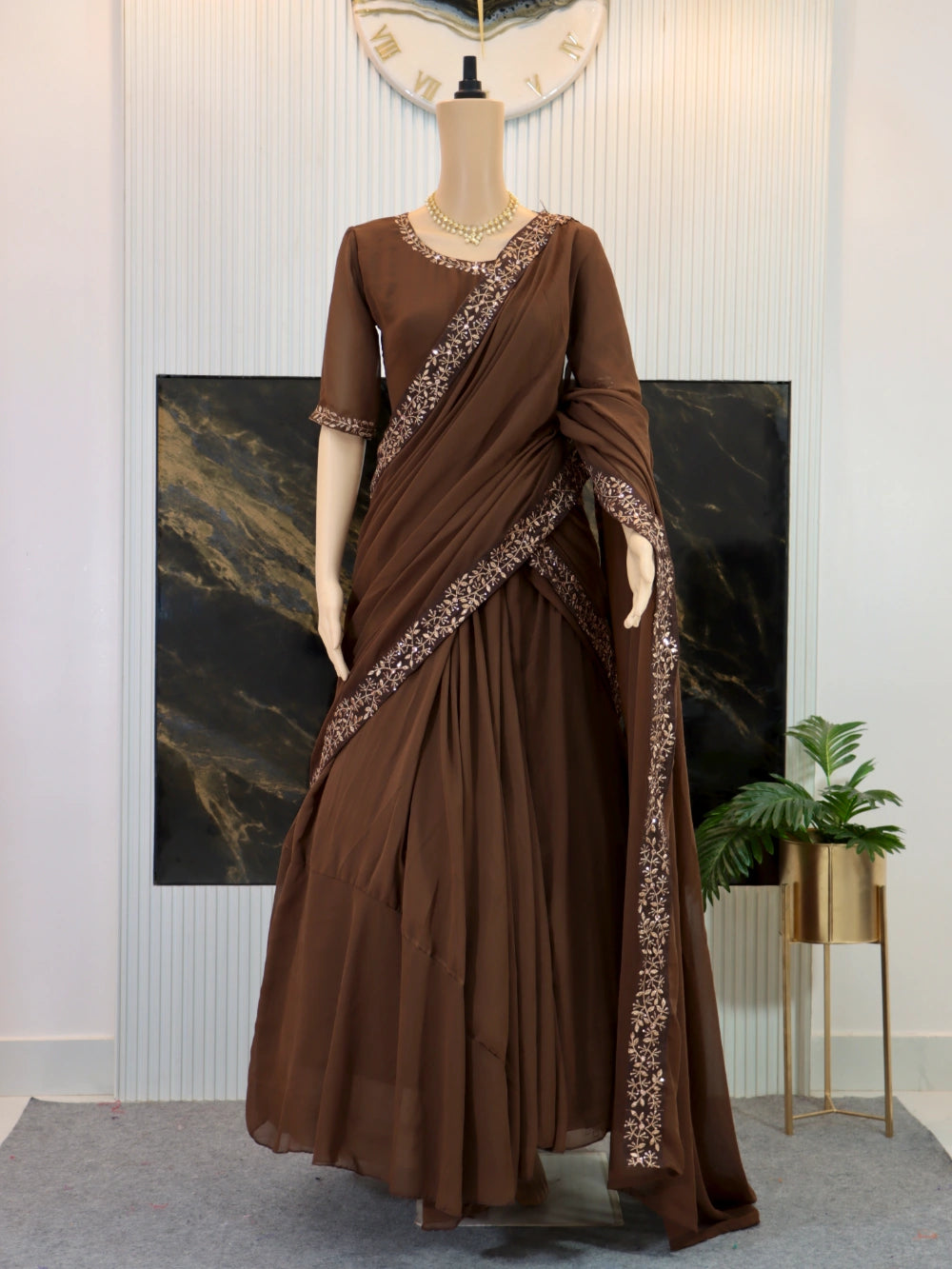 Super Hit Georgette Embroidery Gown Saree Design with Pallu in Brown, Pink, and Black - By Swaya World