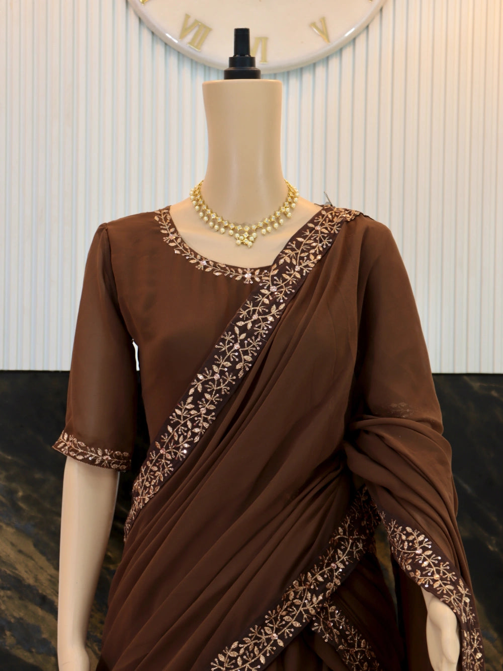 Super Hit Georgette Embroidery Gown Saree Design with Pallu in Brown, Pink, and Black - By Swaya World