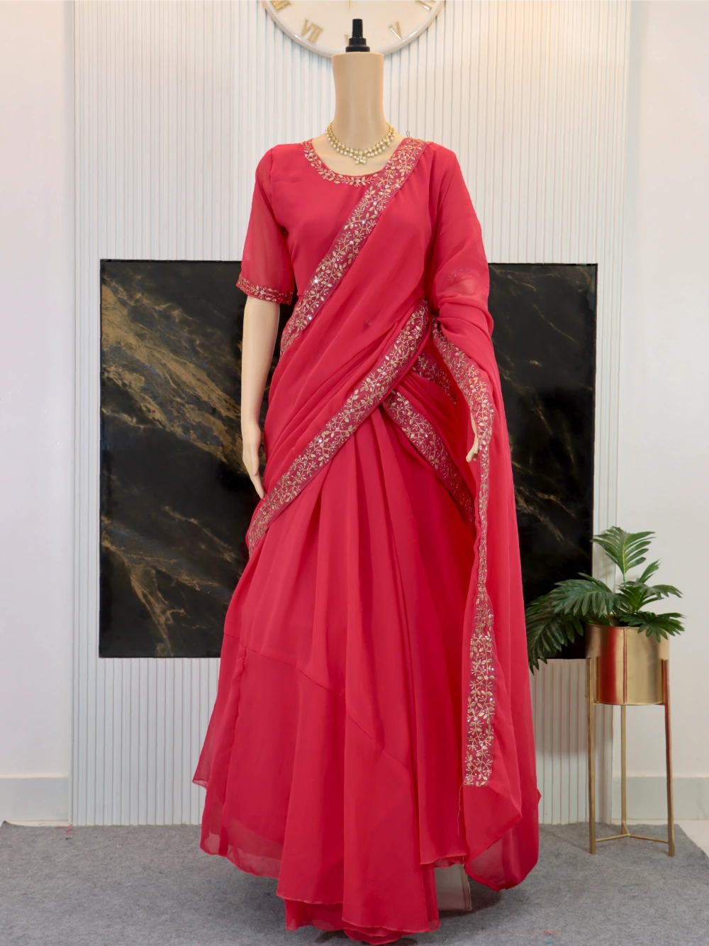 Super Hit Georgette Embroidery Gown Saree Design with Pallu in Brown, Pink, and Black - By Swaya World