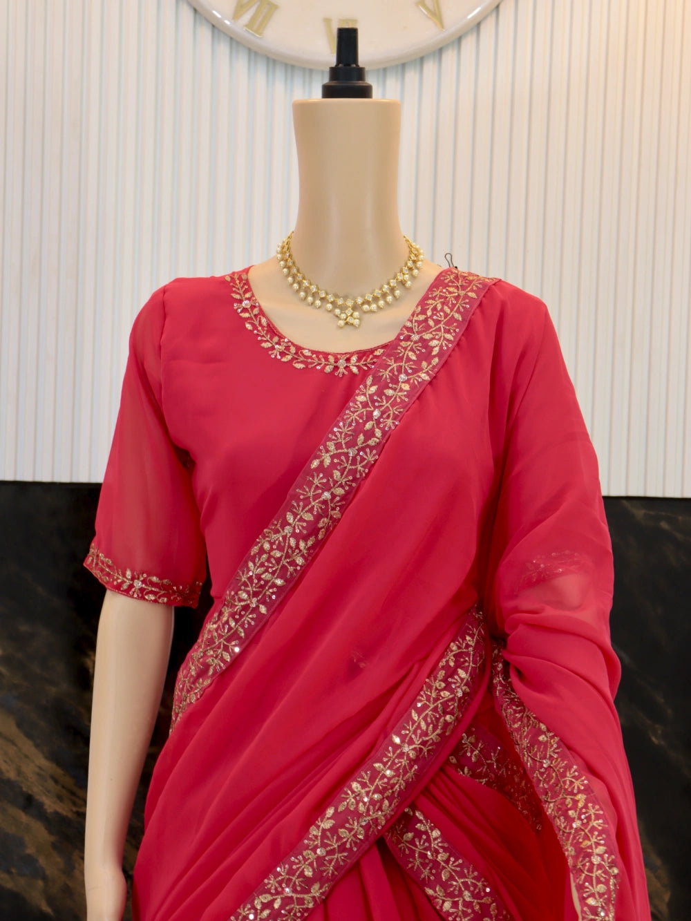 Super Hit Georgette Embroidery Gown Saree Design with Pallu in Brown, Pink, and Black - By Swaya World