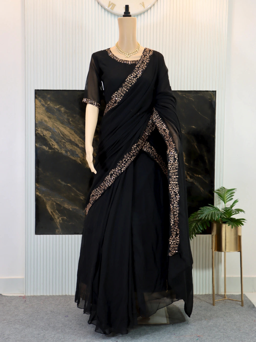 Super Hit Georgette Embroidery Gown Saree Design with Pallu in Brown, Pink, and Black - By Swaya World