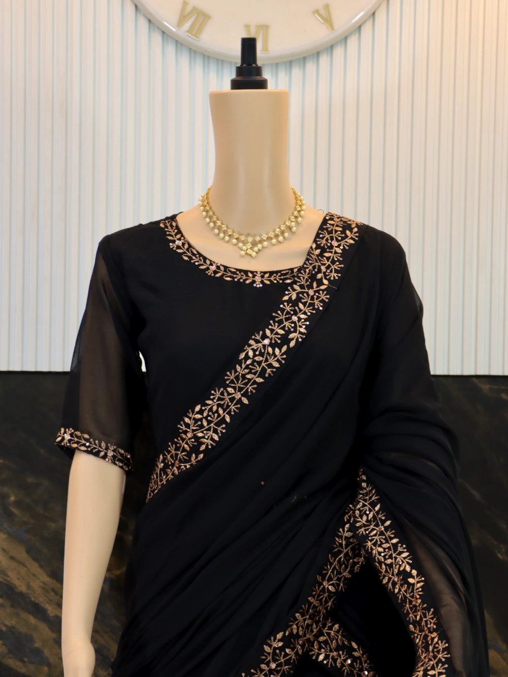 Super Hit Georgette Embroidery Gown Saree Design with Pallu in Brown, Pink, and Black - By Swaya World