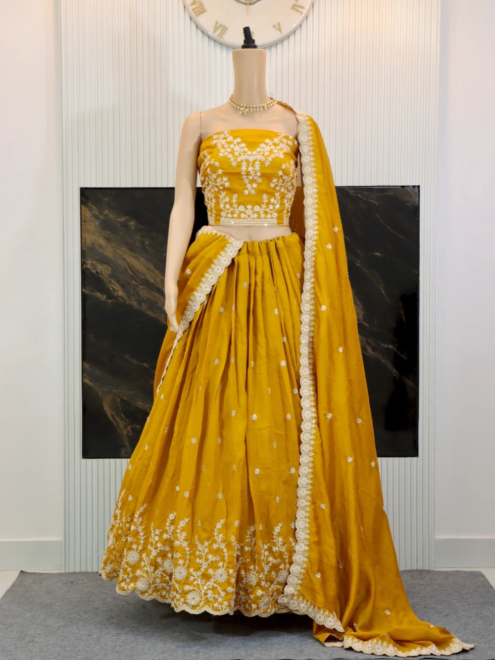 Mustard Vichitra Silk Lehenga Choli with Sequins and Thread Embroidery Work - By Swaya World