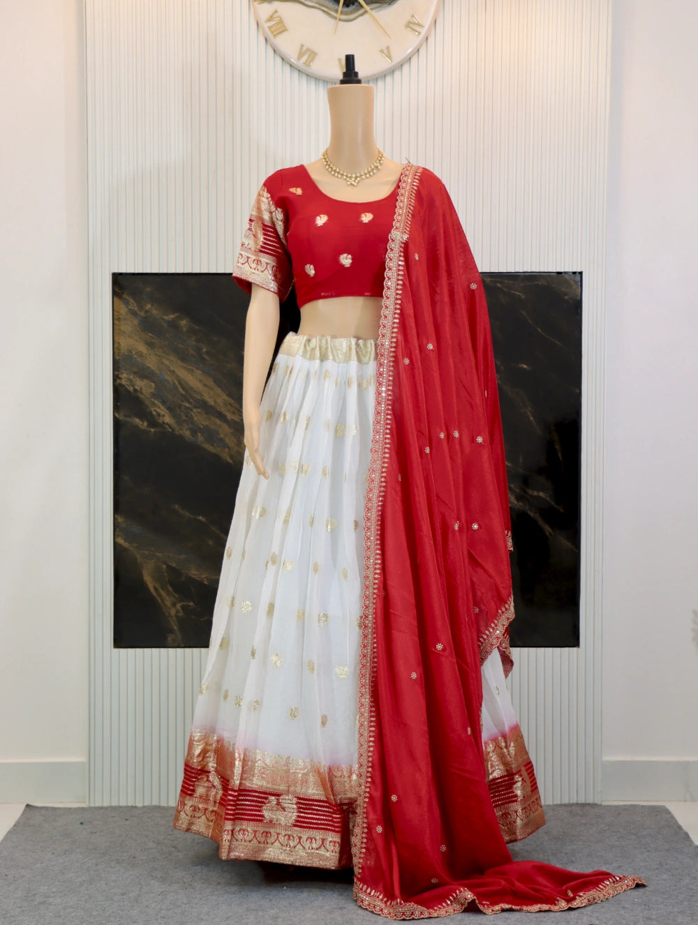 Pure Viscose Georgette Lehenga Choli with Zari Weaving Border and Embroidered Dupatta in White, Lavender, Pink, and Green – By Swaya World